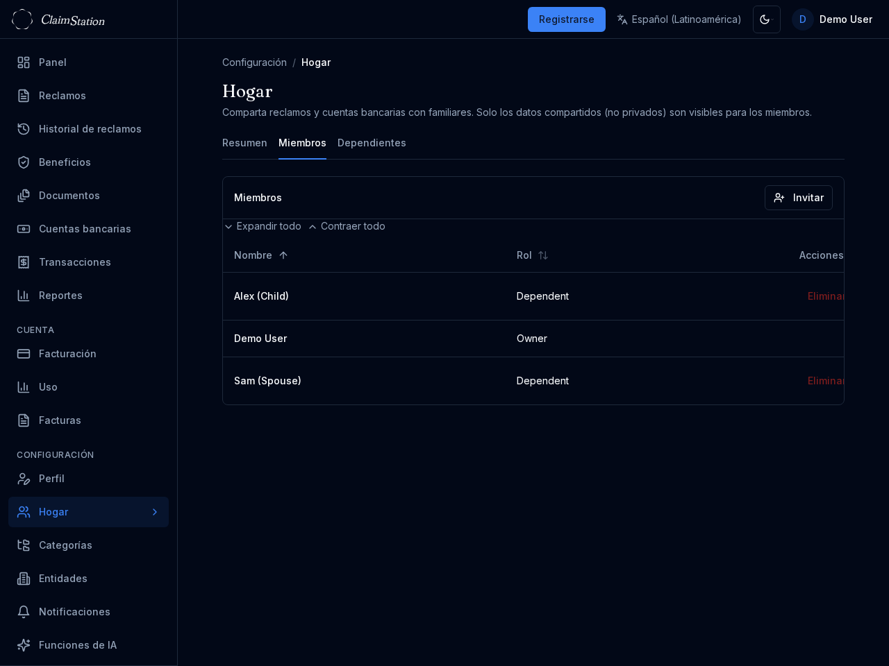 Configuración de miembros del hogar en ClaimStation